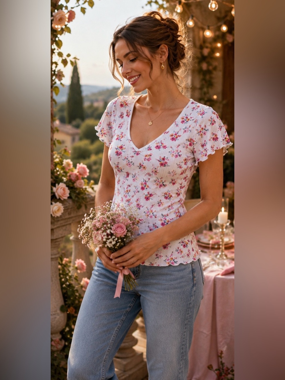 Olivia Rae White Pink Floral Ribbed V Neck Tee Raw Hem Cottagecore Top Sz Medium